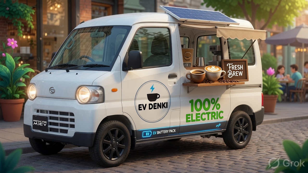 Electric Denki coffee van parked on a city street
